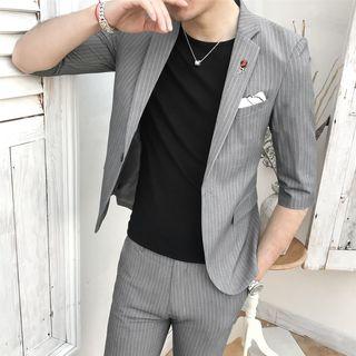 Suit Set: Elbow-sleeve Striped Blazer + Dress Pants