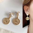Faux Pearl Alloy Coin Dangle Earring 1 Pair - Gold & White - One Size