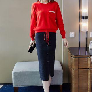 Set: Drawstring Sweater + Button Midi Fitted Skirt