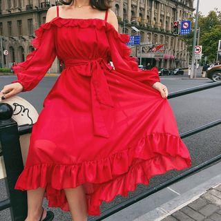 Cold Shoulder Long-sleeve A-line Midi Chiffon Dress