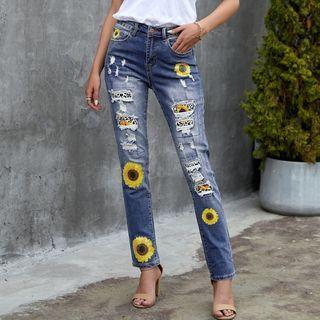 Flower Print Applique Distressed Straight Leg Jeans