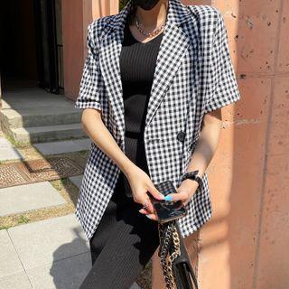 Short-sleeve Gingham Blazer Black - One Size