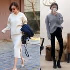 Set: V-neck Rib-knit Top + Slit-side Long Skirt