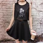 Set: Embroidered Tank Top + A-line Skirt