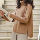Set: High-neck Plain Knit Top + High-waist Wide-leg Pants