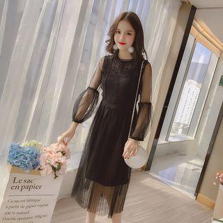 Set: Mesh Panel Long-sleeve Dress + Spaghetti Strap Dress