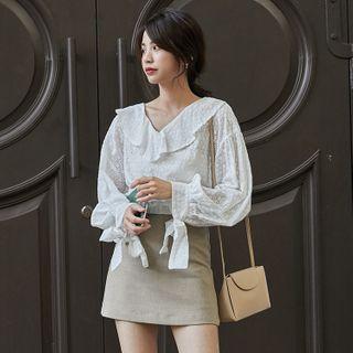 Ruffle Trim Long-sleeve Tie-cuff Eyelet Blouse White - One Size
