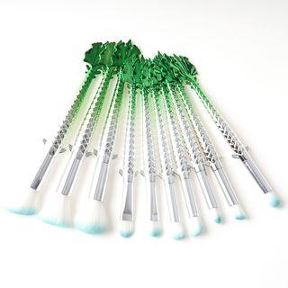 Set Of 10: Makeup Brushes T-10-019 - 10 Pcs - Green & Silver - One Size