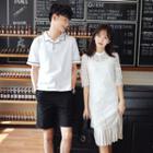 Couple Matching Short-sleeve Polo Shirt / Shorts / Elbow-sleeve Lace A-line Dress