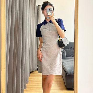 Short-sleeve Collar Two-tone Mini T-shirt Dress