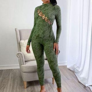 Long-sleeve Tie-dyed Lace-up Jumpsuit