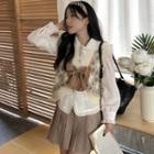 Long-sleeve Peter Pan-collar Ruffle Trim Blouse / Patterned Button-up Knit Vest / Pleated Mini A-line Skirt