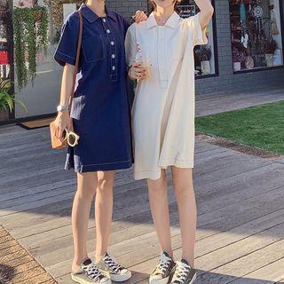Elbow-sleeve Stitched Trim Buttoned Mini Tunic Dress