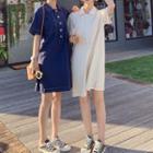 Elbow-sleeve Stitched Trim Buttoned Mini Tunic Dress