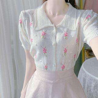 Flower-embroidery Pointelle Cardigan Ivory - One Size