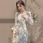 Long-sleeve Floral Cutout Midi Sheath Dress