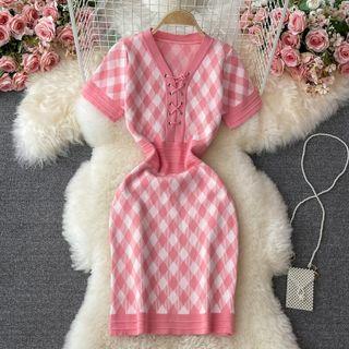 Short-sleeve Gingham Knit Dress