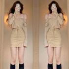 Off-shoulder Plain Sweater / Denim Mini Skirt / Set