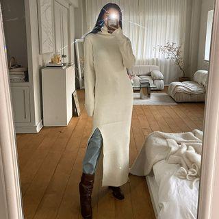 Turtle-neck Deep-slit Maxi Knit Dress