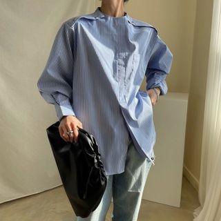 Long-sleeve Mock-neck Striped Blouse