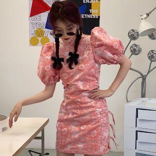 Puff-sleeve Stand-collar Side-slit Floral Mini Dress