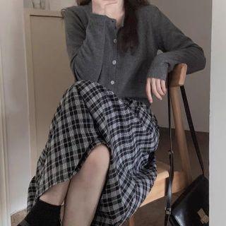Set: Plaid Midi A-line Skirt + Cardigan