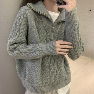 Half-zip Cable Knit Sweater Gray - One Size