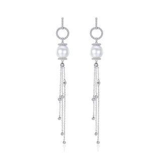 Fashion Simple Geometric Imitation Pearl Tassel Earrings With Cubic Zirconia Silver - One Size