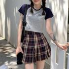Short-sleeve Lettering Raglan T-shirt / Plaid A-line Skirt