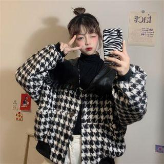 Faux Leather Collar Houndstooth Jacket