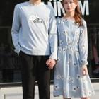 Couple Matching Long-sleeve Flower Print T-shirt / A-line Dress