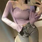 Set: Ruffled Cropped Camisole Top + Cardigan