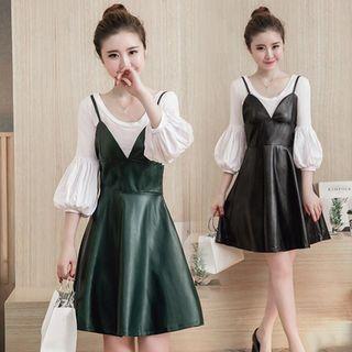 Set: Lantern-sleeve Top + Faux-leather Strappy Dress