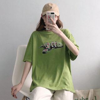 Elbow-sleeve Printed T-shirt Light Green - One Size