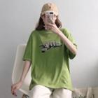 Elbow-sleeve Printed T-shirt Light Green - One Size