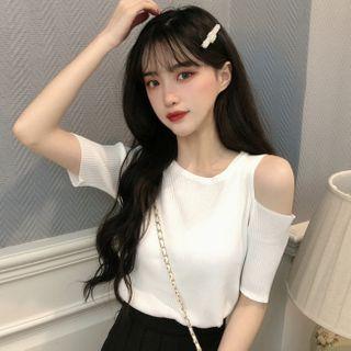 Cold-shoulder Short-sleeve Ribbed Knit Top