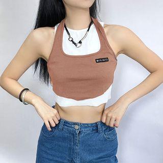 Halter Lettering Print Mock-two-piece Crop Top