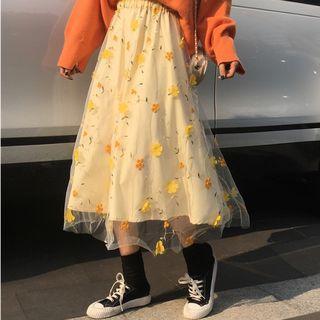 Sheer Panel Midi A-line Skirt As Shown In Figure - One Size