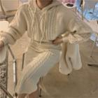 Hooded Cable Knit Sweater / Midi Pencil Skirt / Fleece Jacket