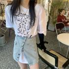 Short-sleeve Letter Print T-shirt / High-waist Wrap Denim Skirt
