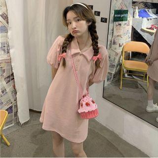 Puff-sleeve Mini Shift Polo Dress Pink - One Size