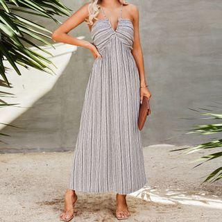 Halter Striped Maxi A-line Dress