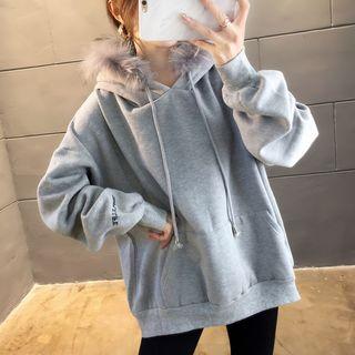 Furry Trim Letter Embroidered Hoodie