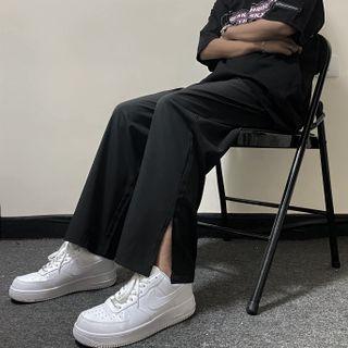Elastic-waist Straight Leg Slit-side Pants