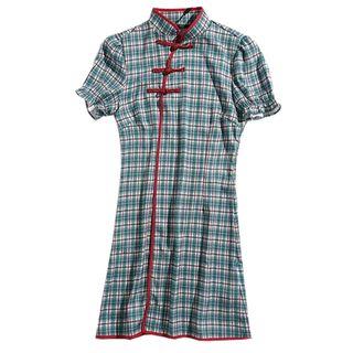 Plaid Short-sleeve A-line Mini Qipao