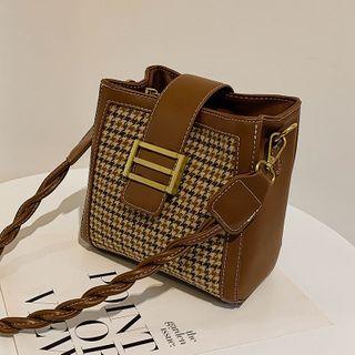Houndstooth Panel Crossbody Bucket Bag
