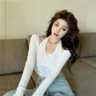 Set: Contrast Trim Halter-neck Tank Top + Long-sleeve Cropped T-shirt