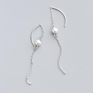 925 Sterling Silver Faux Pearl Fringed Earring Silver - One Size