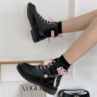 Heart Buckle Platform Block Heel Lace Up Short Boots