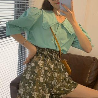 Elbow-sleeve Blouse / Floral Print Mini A-line Shorts